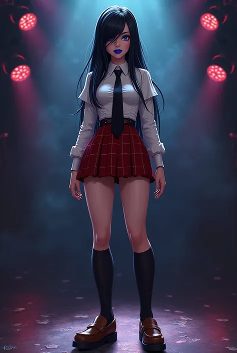 dark queen from battletoads video game, young face, british white,  bird eye view, smiling, blue lips,  tight white dress shirt with black tie ,  red plaid mini skirt,  long black big hair, hair covering right side of face, black knee high socks, brown loa...