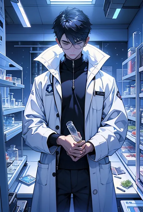  The scientist wears a white lab coat, standing in front of the lab equipment.,  stars holding a small bag containing glittering blue sea ice crystals. ,  lab device is filled with test tubes , bottle, And the ,, in the form of an art group, the star xing ...