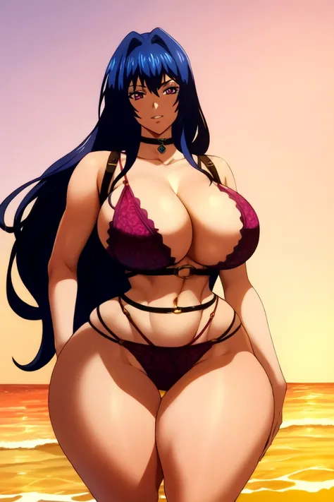 detailed face,((big breasts,thick waist, wide hips:1.2,thick thighs)),(((double strap hip-length panties))),beach with sea view,aki nijou,1 girl,purple eyes,long hair,wide hips,Pinkpawg Style