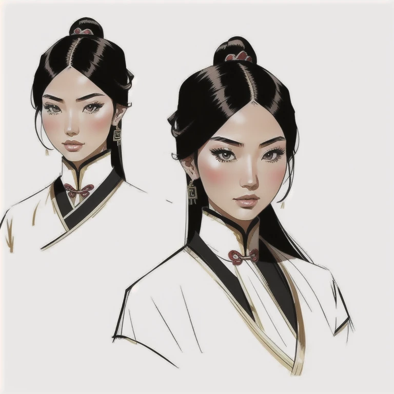 Draw fashion sketches .  Mongolian girl with a modern touch,  but no Chinese girl . (detailed)