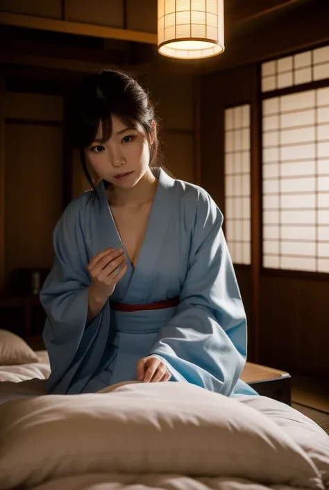  on a futon in a Japanese-style room illuminated by a dark, faint light 、A Japanese woman is peeling off her kimono 。 I can see her slightly ashamed look exudes beauty and cuteness