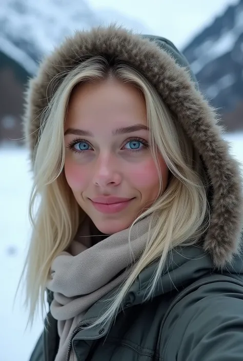  Create a blonde woman with blue eyes realistic style,With cold clothes smiling and cold landscape, Selfie perspective