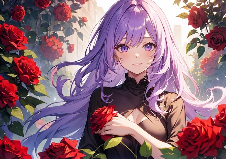 A girl with light purple hair is smiling happily amongst red roses in full bloom. Her eyes have a warm glow, and red roses are scattered in the background, creating a dreamlike, happy world