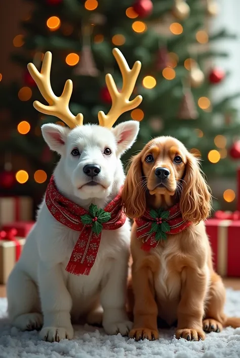 A fat white reindeer and a fat Cocker Spaniel pose in front of a Christmas tree. Surrounded by gifts, snow and holiday decorations, a fat reindeer has large golden antlers and both animals wear Christmas decorations. The scene is illuminated by warm shimme...