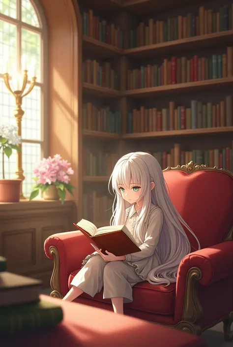 A white-haired girl reading a book in a nice library 