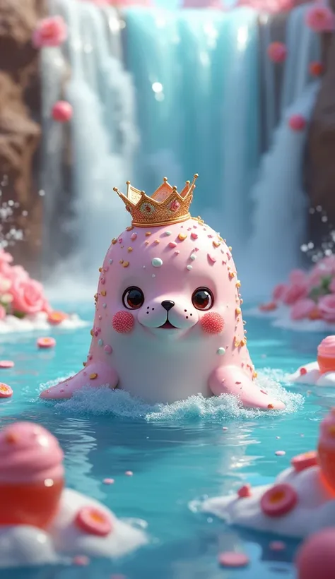   create a delicious ice cream effect, with flowing waterfalls   ，  a waterfall of smoke and a delicious ice cream， shaped like a smiling little seal ，A crown is worn on his head， Is it possible    ， Can drinking flowers ， surrounded by drinks and candy   ...