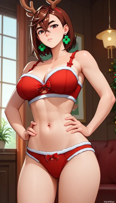 score_9, score_8_up, score_7_up,, source_anime, 1girl, KJOmomo, brown hair, brown eyes, medium hair, hair between eyes, thick eyebrows, earrings, looking at viewer, holidey theme, reindeer bra, reindeer panties, reindeer lingerie, large breasts, standing, ...