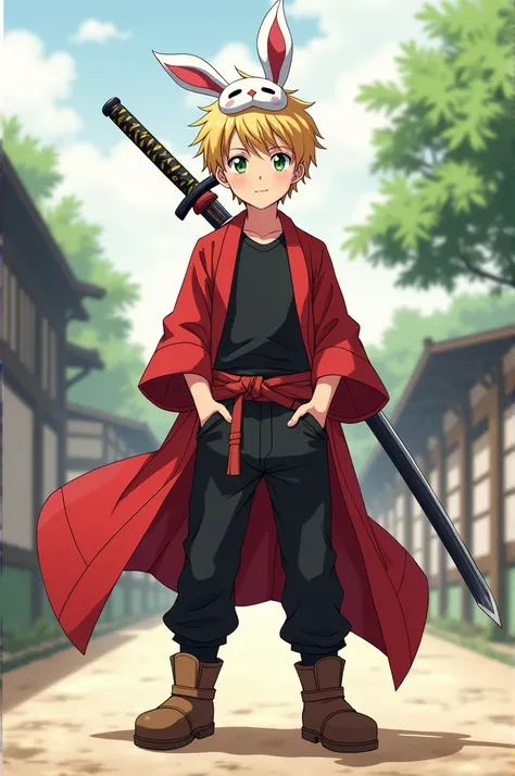  15-year-old anime boy blonde hair ,  greenish eyes ,  black t-shirt ,  black pants , brown boots,  rabbit mask behind his head, Japanese red costume and red sword .