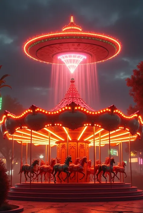 An alien spacecraft shaped like a triangle with neon lights hovering above a carousel in a fiery pepper-themed amusement park at night. The spacecraft beams a bright light down onto the carousel, illuminating the scene with an intense fiery glow.