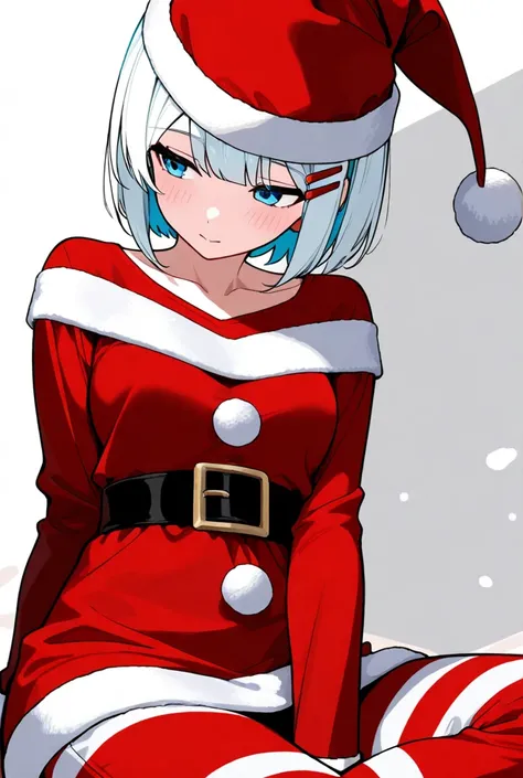 Christmas costume, Christmas pants, Christmas clothes, striped clothes, Christmas uniform, red and white stripes, long sleeves, collarbone,siesta, short hair, bangs, blue eyes, hair ornament, white hair, hairclip,Hatsune Miku dressed in an outfit similar t...