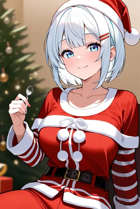 Christmas costume, Christmas pants, Christmas clothes, striped clothes, Christmas uniform, red and white stripes, long sleeves, collarbone,siesta, short hair, bangs, blue eyes, hair ornament, white hair, hairclip,Hatsune Miku dressed in an outfit similar t...