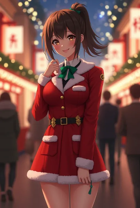 Actual photo、Highest image quality、Beautiful woman、Beautiful thighs、Beautiful Face、Uniform Ponytail、Japanese woman、short dress、Cityscape with Christmas decorations、
 Christmas Decorations。 Santa Claus appearance 