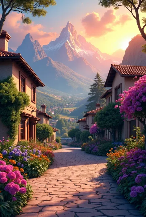 Mia Khalifa mountains in the background,  colorful flowers ,  detailed landscape style,  beautiful natural scenery ,  atmospheric lighting ,  scorching sunset ,  warm colors , practical, photographic,  detailed foliage , complex buildings ,  cobblestone st...