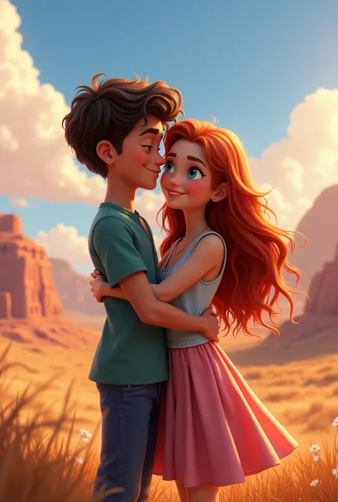  A Disney and Pixar style cartoon ,  with the theme of the movie Cars ,  would have a couple of teenagers ,  they would be lovers and would be hugging each other ,  the boy would be white and would have curly hair, And less would it be white ,  would have ...