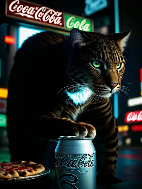 A close-up picture of a big cat with Coca-Cola and pizza in the futuristic cyberpunk neon tron world, cyberpunk city landscape, detailed intricate architecture, glowing neon lights, studio lighting, moody atmosphere, cinematic composition, vivid colors, 8k...