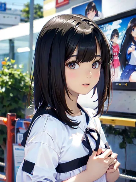 1girl,  small breasts,white tee shirt,black skirt,medium hair
face close-up,I can see the side,Hi-Res、masterwork、Kanna Hashimoto、Brown hair、i&#39;m、Female one、outside of house、Detailed background、A detailed eye、（（brown-eyed））,Beautiful and perfect legs, Cl...