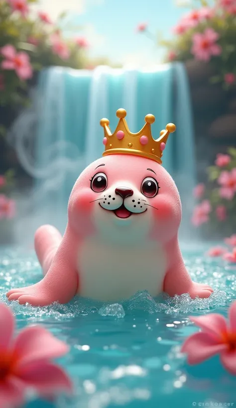  shaped like a little squirrel create a delicious ice cream effect, with flowing waterfalls  ，  a waterfall of smoke and a delicious ice cream， shaped like a smiling little seal ，A crown is worn on his head， Is it possible  ， Can drinking flowers ， surroun...