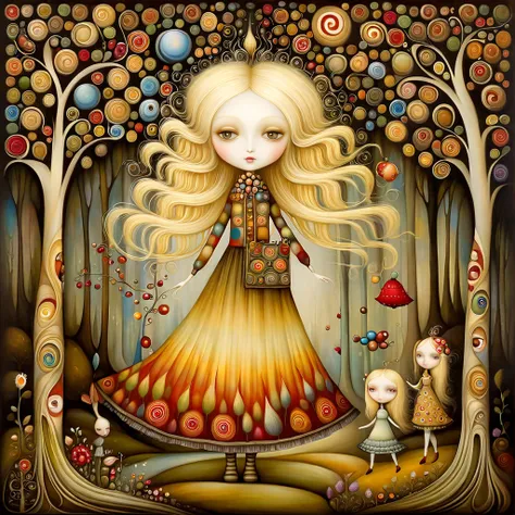 Patchwork por Klimt, nicoletta ceccoli, Naoto Hattori, Lawrence Didier, Leonora Carrington from European Woman with Long Blonde Hair and a Long, Wide Skirt, hiking in a beautiful forest with strangely shaped trees and many colors, holds flowers and berries...