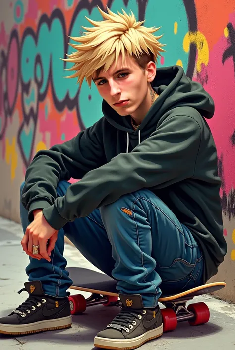 skater boy, handsome,blonde hair,short hair, messy short hair, piercings, attitude, handsome look, thin face, sharp looks on eyes, skater boy outfit, spray painted bankground, skating background