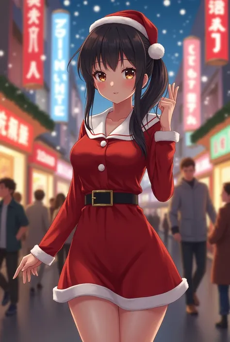 Actual photo、Highest image quality、Beautiful woman、Beautiful thighs、Beautiful Face、Uniform Ponytail、Japanese woman、short dress、Cityscape with Christmas decorations、
 Christmas Decorations。 Santa Claus appearance 