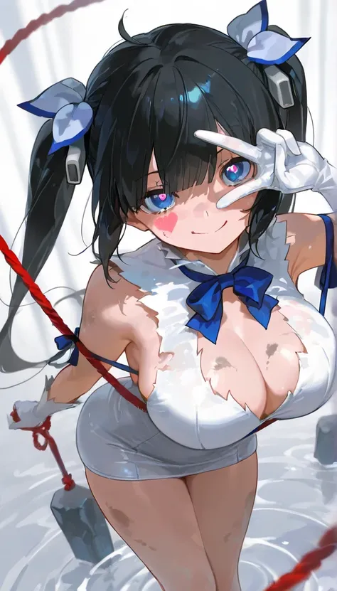 (masterpiece,  top quality ),     1 girl, Heart face mark  , v over eye    ,,  Hestia、Danmachi,   long hair,  twin tails,  black hair,  blue eyes, spirits rope,  hair bow,  hair accessories,  Big Breasts ,  blue tie, white dress,  clevis on a stone,  sleev...