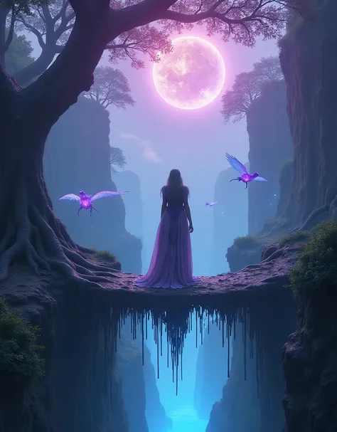  A muse medieval dressed afir standing on a hovering bridge made from the roots of a giant tree ,  connects two high cliffs filled with fluorescent blue glowing waterfalls .  The surrounding sky is filled with huge planets that appear very close , surround...