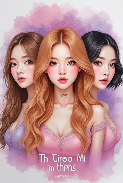  A Korean drawing of 3 female pop artists, the first , has wavy long strawberry blond hair, and fairy-like makeup, the second is on the left side she is a female pop artist with styled and dyed blond hair, makeup, smiling,she has a small rose tattoo on her...