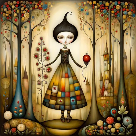 Patchwork por Klimt, nicoletta ceccoli, Naoto Hattori, Lawrence Didier, Leonora Carrington as European Woman with short black hair and a long, wide skirt, hiking in a beautiful forest with strangely shaped trees and many colors, holds flowers and berries i...