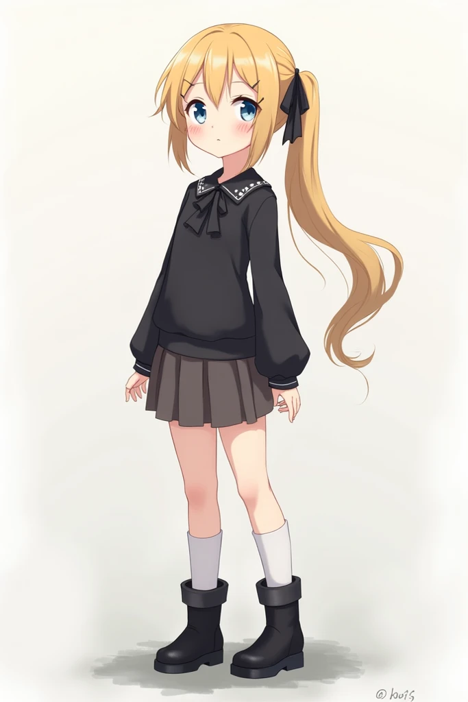 A 14-year-old anime girl blonde hair  (Tied),  light blue eyes, black blouse, black flick,  long white socks and black boots