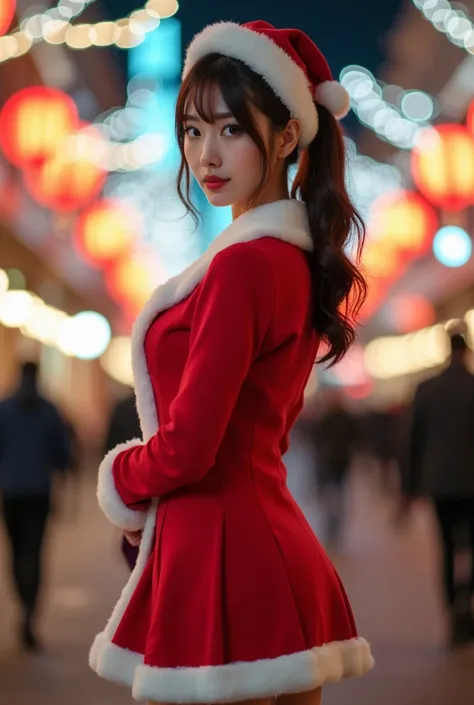 Actual photo、Highest image quality、Beautiful woman、Beautiful thighs、Beautiful Face、Uniform Ponytail、Japanese woman、short dress、Cityscape with Christmas decorations、
 Christmas Decorations。 Santa Claus appearance 