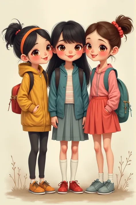 Three cute girls standing side by side. But the three of them will have different faces.