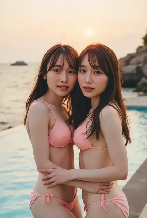  top quality 、８k、masterpiece、 super high res、( photorealistic:1.4)、Original photo、 2 girls in 2、 dark brown hairでロングヘア、Healthy tanned skin、 Kiri Reina female、 1 girl、、Slim Abs:1.1、 dark brown hair、(Standing by the pool 、 with hands on hips:1.2)、((cherry pi...