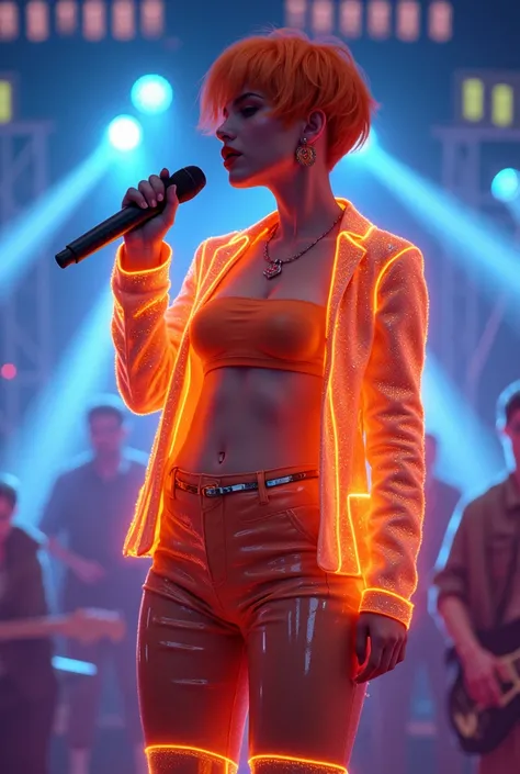 cyberpunk, chubby body type, pop idol, on stage, biracial woman, pixie cut, orange lipstick, orange hair color, glowing outfit, with microphone