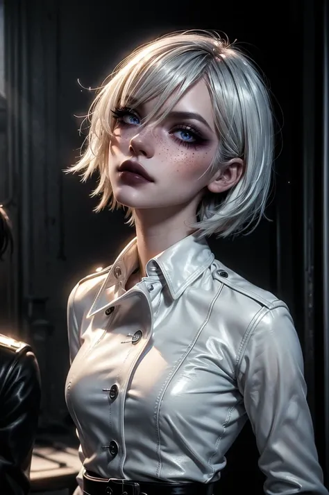 lora_Emma, perfecteyes eyes, tutultb, front view shot, a girl with silver hair, very short pixie hairstyle, blue eyes, freckles, (white silk shirt), (low rise black leather pants), (long black leather trenchcoat), (leather belt), detailed facial features, ...