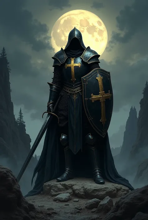 A dark medieval knight standing on a rocky terrain under a full moon, illuminated by its soft glow. The knight is clad in pitch-black armor with golden accents, including a prominent cross on the chest plate and shield. He holds a longsword with a worn, me...