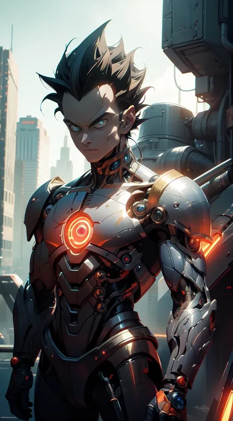 Masterpiece, Vegeta cyborg mode, full mechanical body, intricate details, advanced technology, Orange lightning, detailed armor, bionic enhancements, neon lights, vivid colors,  contrasting shadows, Blue eyes, urban setting, nighttime backdrop, high contra...