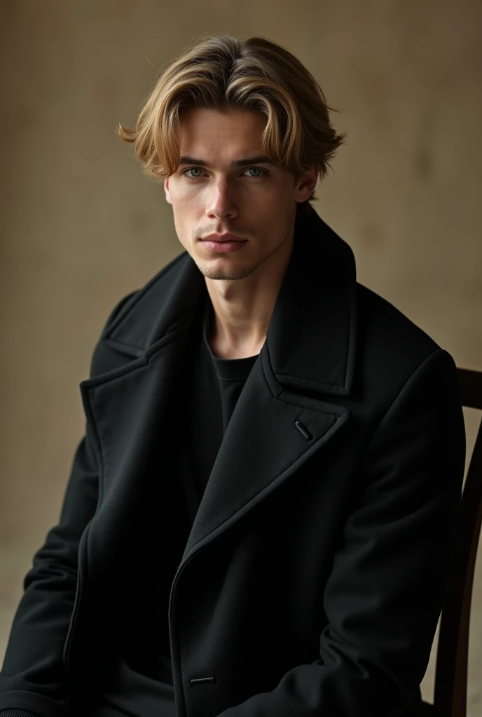 A man, age 18, handsome. Body fit. Black coat on. Light long hair. Sitting on a chair, a cinematic beige-black beige.