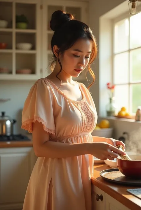 A cute 20 years old Indonesian housewife with curvy figures and big breasts. Wearing frilly knee length house dress and natural make up. Messy bun hairstyle. Cooking in the kitchen. Photorealistic, masterpiece, 8k