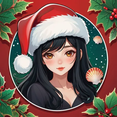 (a sticker,),(3D anime santa hat girl),long bright black hair,Slim, ellegance, seashell around, (In circlerown background), (Christmas border)，, ultra - detailed, Detailed diagram, vectorized, 8k, professional a sticker design, Graphic design, vector lines...