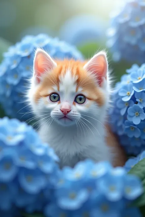  Create a high-resolution 8K quality image ,  that shows a close-up of a young kitten ,  surrounded by blue hydrangea flowers .  The kitten should have a soft , Fluffy fur has ,  that shimmers in soft shades of white and orange .  The eyes of the kitten , ...