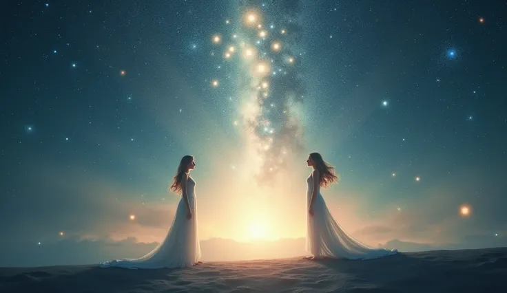 Two figures, representing balance, standing at opposite ends of the frame, surrounded by twinkling stars. Between them, a soft glow emanates from the center of the universe, suggesting peace and harmony. The stars shimmer gently, embodying the process of t...