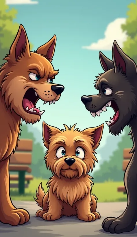 Create a cartoon type yorkshire terrier is bullied by other dogs and crying 