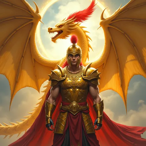  a legendary warrior logo ,  golden armor red feather on the helmet, golden dragon with wings around , heavenly warrior, written Lutiniks in the image