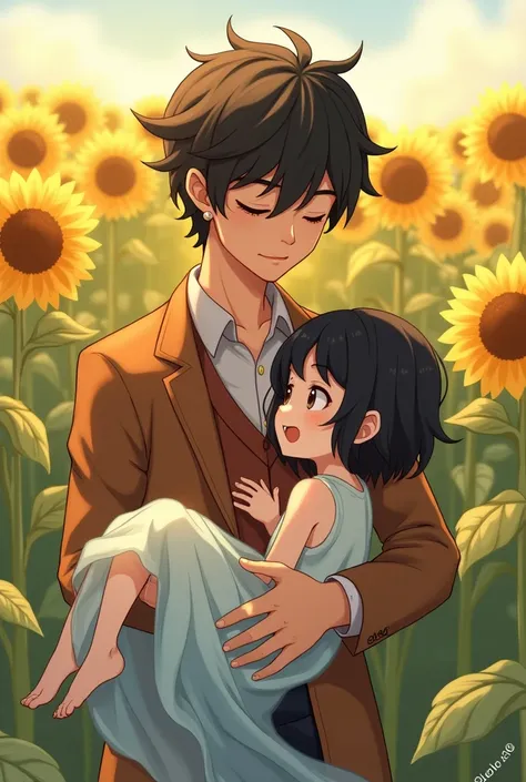 Create a cute Kawaii man warrior of the earth element in a brown suit and parts of earth hugging a girl with short black hair, tender loli kawaii of the water element who wears a dress made of water in a field of sunflowers in oil painting style that look ...