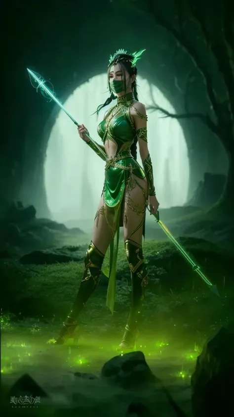 (((Masterpiece))), best quality, ultra-detailed CG unity 8k wallpaper, Depicts a powerful female warrior inspired by Jade from Mortal Kombat, standing confidently in a battle-ready pose. She wears a sleek and elegant outfit dominated by dark green, an open...