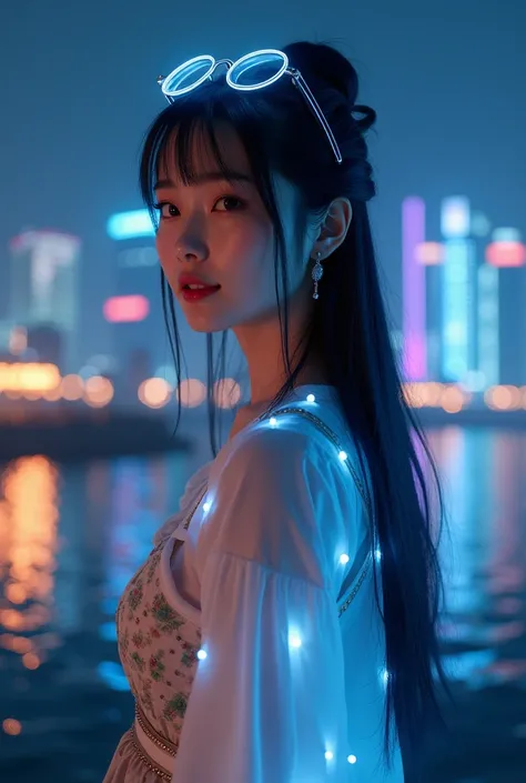 (Qingxu _  Photograph of beautiful Asian woman Scene in South Korea Han River at night F.11), beautiful Japanese woman, Black hair with white lights  , magical girl,  Blue Eyes , pleated skirt, wearing glasses on his head  , mini-skirt,  long or short hair...