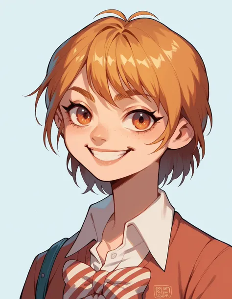 A woman, short hair, smile, with school uniform