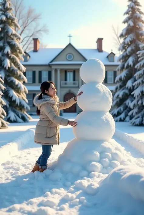 A beautiful young asian woman, smile cheerfully, daytime atmosphere.  Creating a huge snowdoll , in the spacious front yard of the mansion .  The trees are decorated with very beautiful trinkets