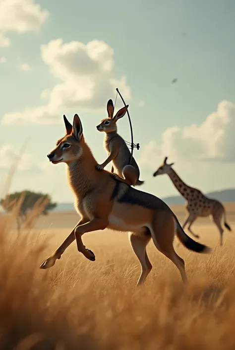 A hare and a bow sitting on a wolf , they are chasing a giraffe together ,  The camera shows a view back of a wolf and a hare ,  and in the distance the giraffe runs away as realistically as possible. 8 k. HD