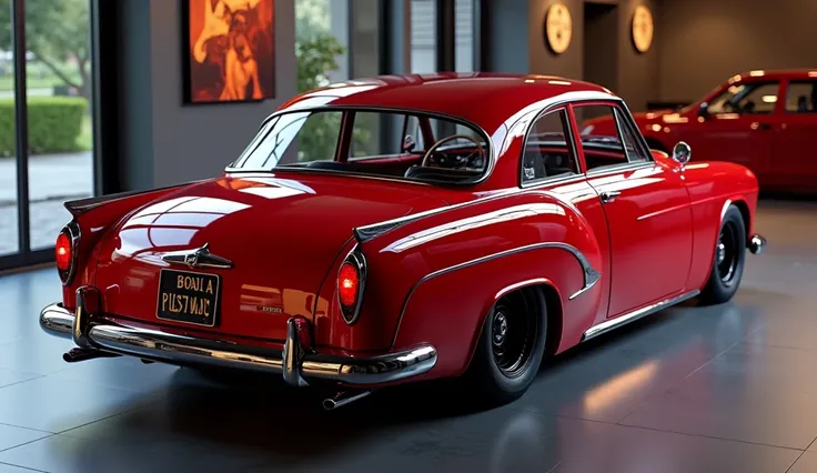 Create a 3d render (full back) review car design 1950 ( Toyota century) “(red) colour with a “(Honda) ” logo on back. “” on its  back end look. and. Headlights“in pure glossy black with ultra detailed glossy shining image captured from  (full back) review ...